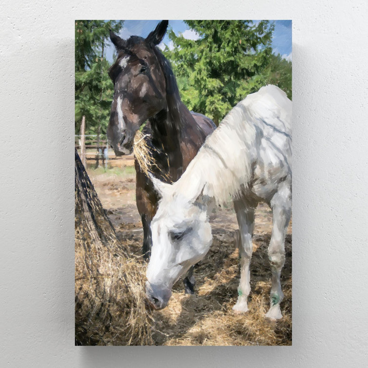 Gracie Oaks Two White Horse And Black Horse On Canvas Painting